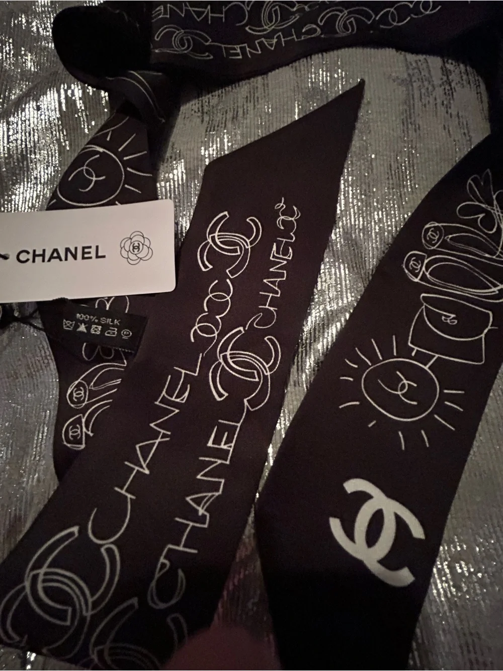 Black and White 100% Silk Elegant Twilly Scarf